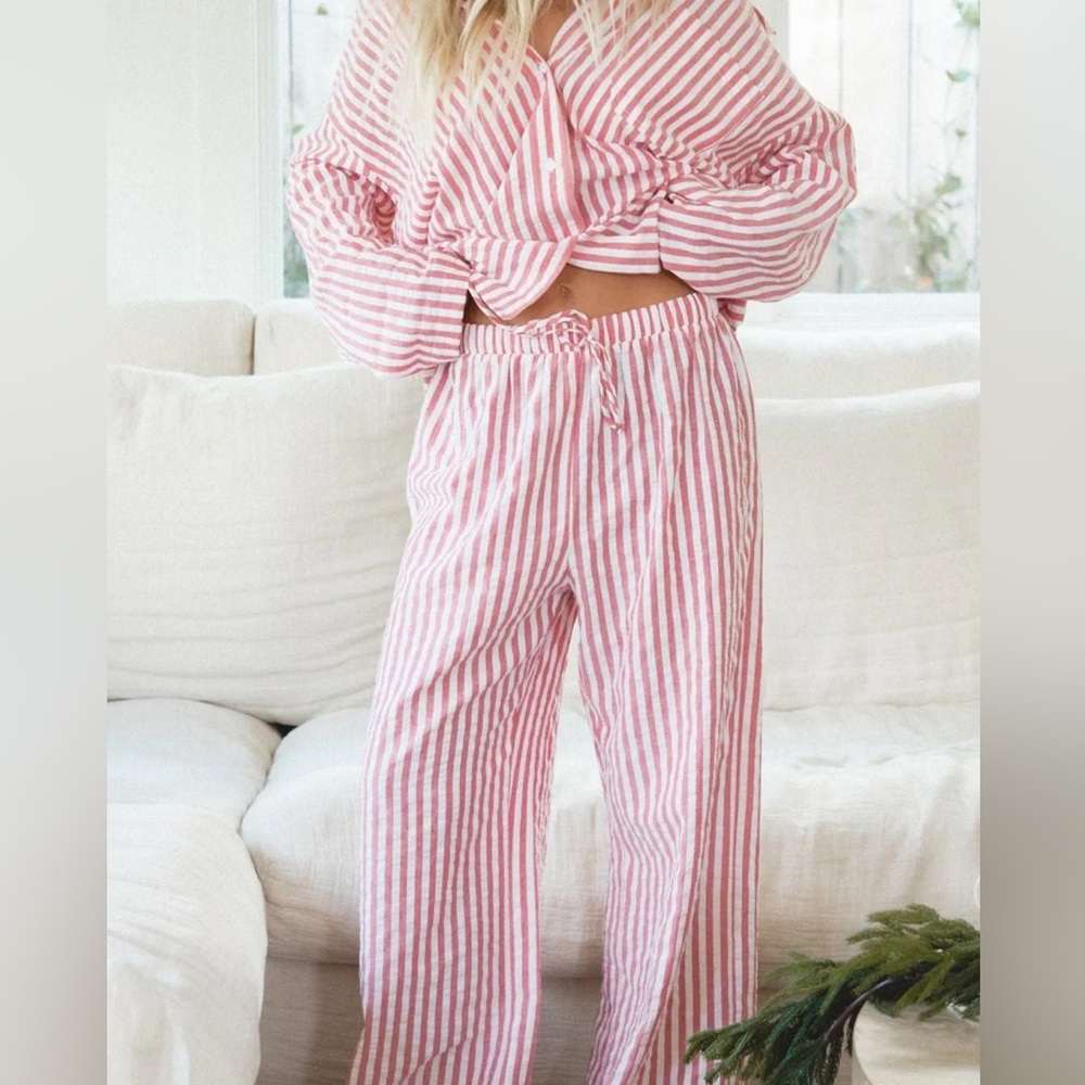 Pink and White Striped Pajama Set